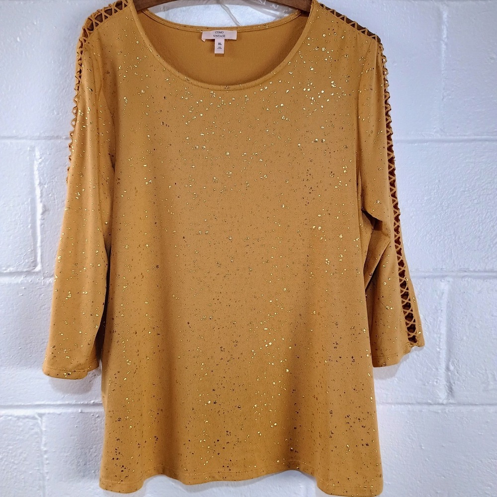 Como Vintage Women's Shirt XL Mustard Yellow Gold Fleck 3/4 Sleeve Blouse Top